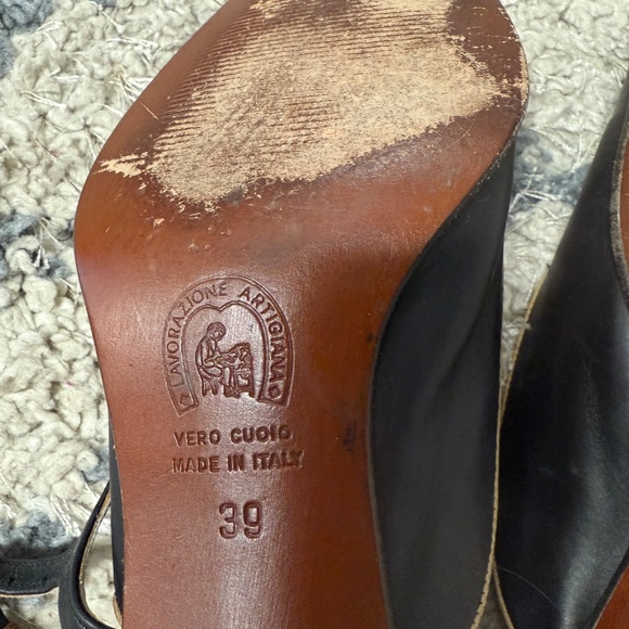 Vintage Pratesi Black Leather Block Italy Artisan Heel Slingback Sandals Size 39 - Picture 7 of 8